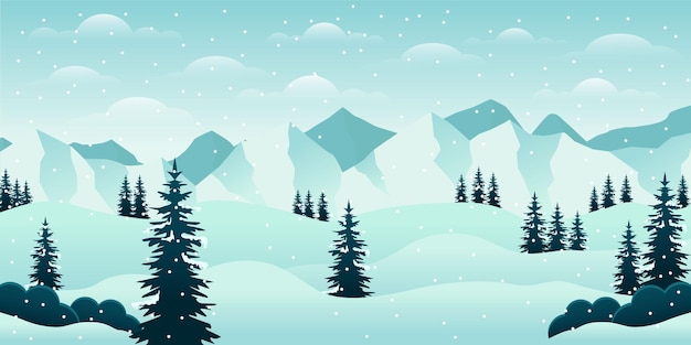 Gradient winter landscape illustration with mountain and tree