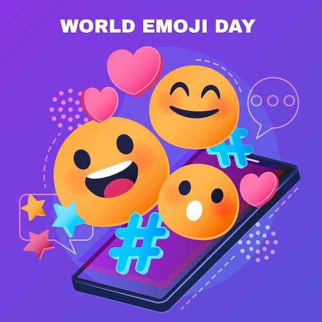 Gradient world emoji day illustration with emoticons and smartphone