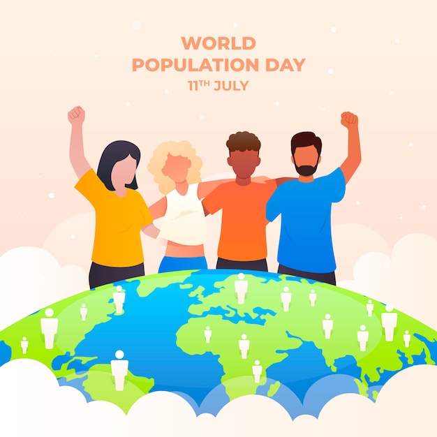 Gradient world population day illustration with planet and people celebrating