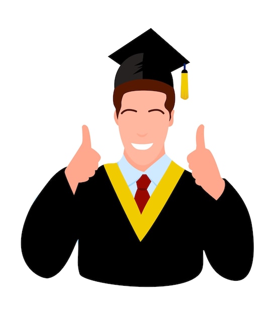 Graduate boy character vector student in black robe and cap university education concept graduation ceremony wear cheerful happy person isolated on white background