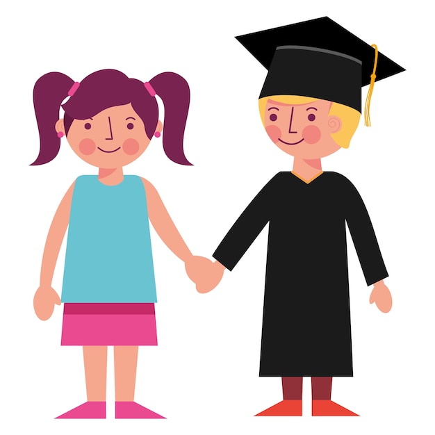 graduate boy holding hand her sister vector illustration