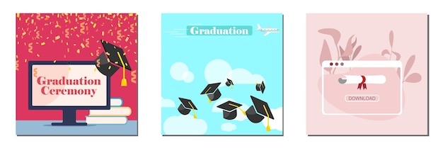 Graduate class Caps Vector illustration banner design College graduation university card set