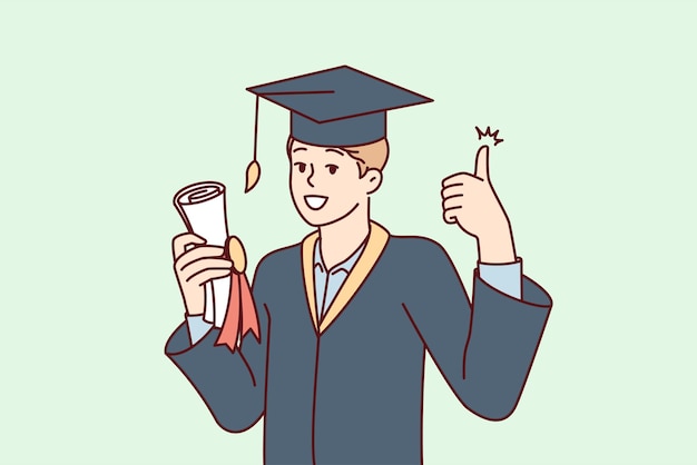 Graduate guy in academic gown and hat holds bundle with diploma and shows thumbs up Vector image