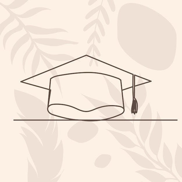 Graduate hat drawing in one continuous line on an abstract background