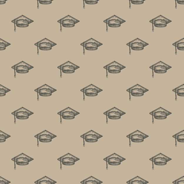 Graduate hat engraved seamless pattern Vintage element education in hand drawn style Sketch texture for fabric wallpaper textile print title wrapping paper Vector illustration