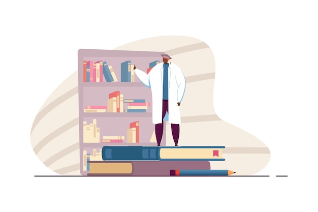 Graduate in medical gown studying books. Male character in graduation hat standing on huge books flat vector illustration. Knowledge, education concept for banner, website design or landing web page