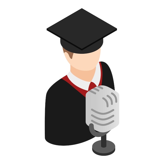 Graduate speech icon isometric vector Graduate stand near microphone icon Education concept graduation