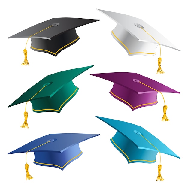 Graduate student caps collection in different colors Set of 3D realistic graduation hats isolated on white background Vector square symbol education uniform