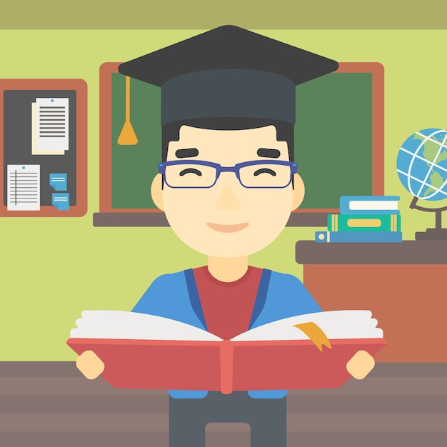 Graduate with book in hands vector illustration.