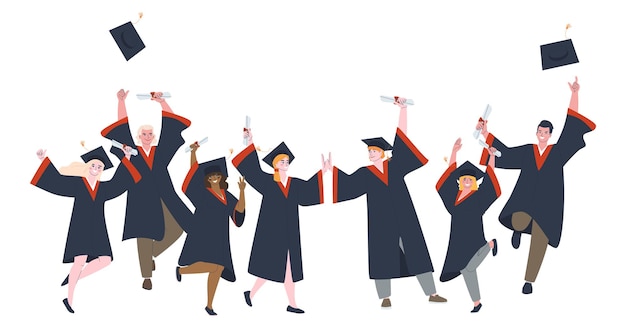 Graduates in special clothes with diplomas Boys and girls at graduation Flat vector illustration