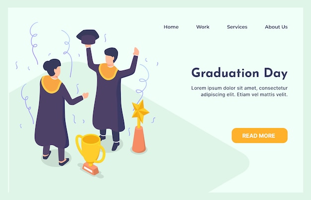 Graduating Students with Diploma Man and Woman Characters Graduation Education Concept with isometric modern style landing page