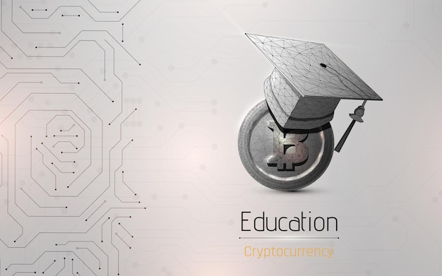 Graduation cap and bitcoin coin learning concept