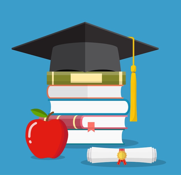 Graduation cap on books stacked, mortar board with pile of books and diploma, apple, symbol of education, learning, knowledge, intelligence, vector illustration in flat style