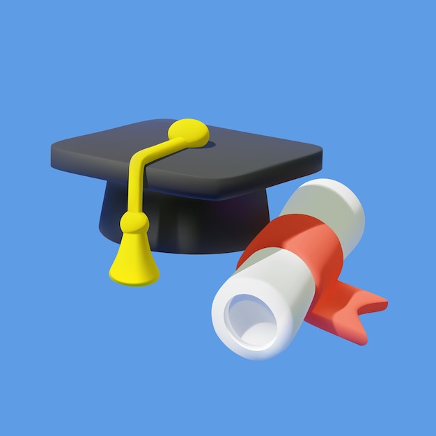 Vector graduation cap and diploma scroll 3d vector icon isolated on blue background