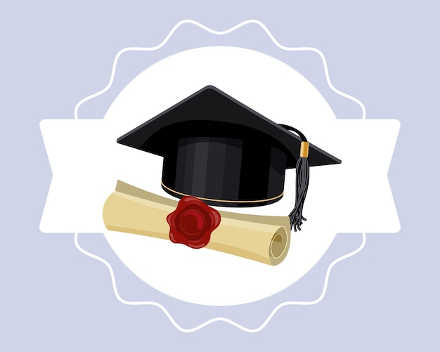 Graduation cap and diploma on a white ribbon Education concept Illustration icon vector