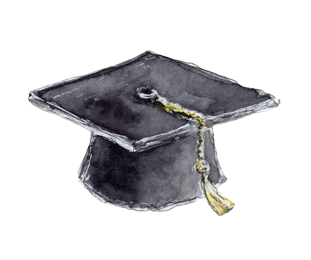 Graduation cap or Master's hat with tassel watercolor hand drawn illustration isolated on white