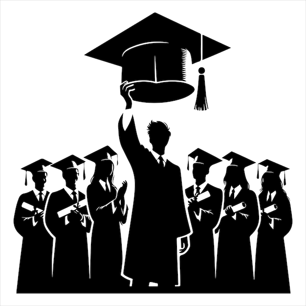 Graduation Cap Silhouette Students Celebrating Achievement black color vector