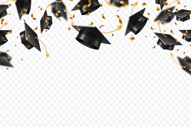 Graduation caps confetti. Flying students hats with golden ribbons . University, college school education  background