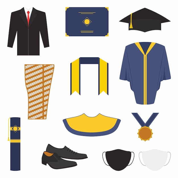 Graduation ceremony clothes and accessories set Bachelor gown tie mask shoes graduation toga robe graduation slayer graduation medal graduation tube and cap in cartoon style Flat vector icon