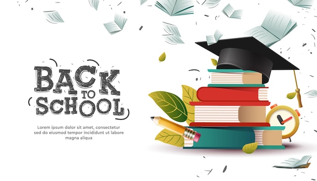 Graduation and educational web banner with stack of books and flying books surround Back to school template