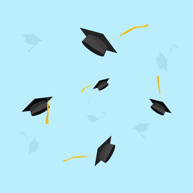 Graduation or flying academic hats in the air vector illustration flat cartoon