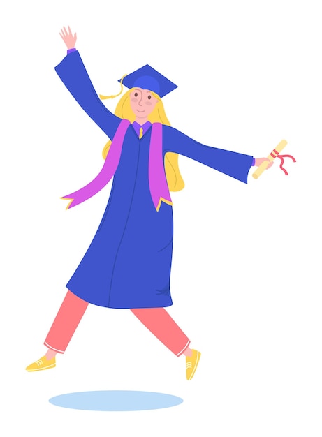 Vector graduation girl character school graduation student hold diploma in hat isolated on white flat vecto...