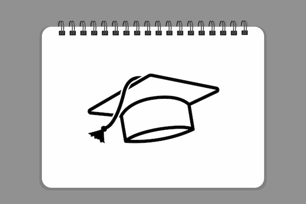 Graduation hat drawn on a spiral bound notebook page simple black line image vector illustration