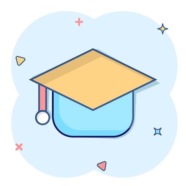 Graduation hat icon in comic style Student cap cartoon vector illustration on white isolated background University splash effect business concept