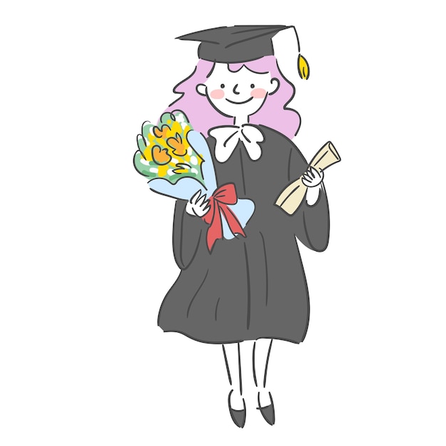 Graduation illustration of a woman dressed for graduation with a bouquet of flowers