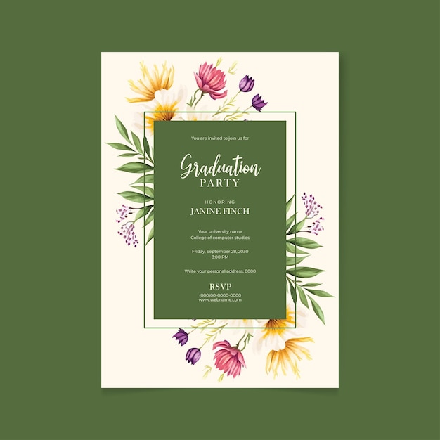 Graduation invitation flyer template with green flowers