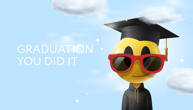 Graduation poster cartoon emoji wearing sunglasses and a graduation cap vector illustration