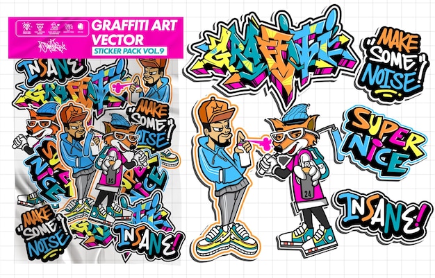 Vector graffiti art vector sticker illustration set of sticker pack vector design in vibrant colors