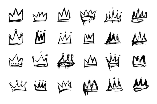 Graffiti grunge paint crown icon isolated on white background Black graffiti crown drip sign set