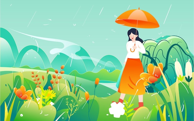 Grain rain solar term illustration spring character rain umbrella scenery event poster