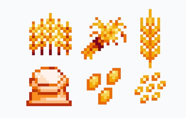 Grains wheat barley rye pixel art set Agriculture crops collection 8bit sprite