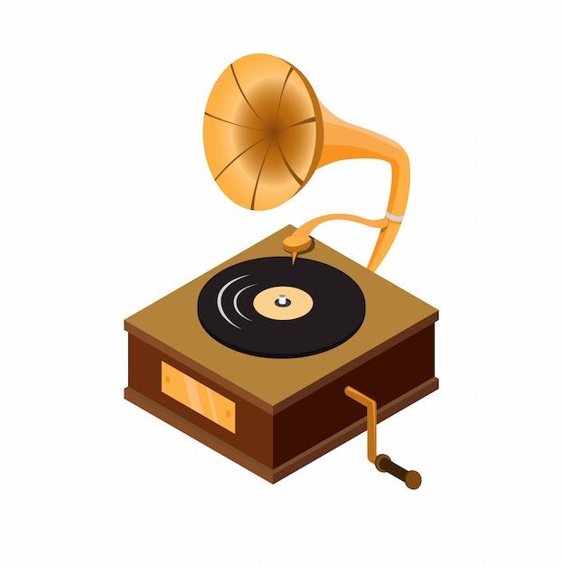 gramophone with vinyl record, wooden box classic audio music player device in isometric cartoon flat illustration