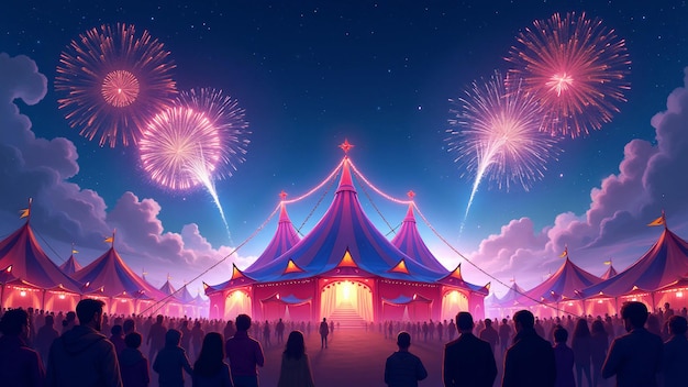 Vector grand circus tent at night with fireworks