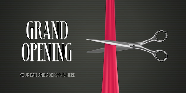 Vector grand opening   banner with scissors cutting red ribbon for opening ceremony