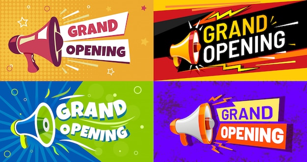 Grand opening banners. Invitation card with megaphone speaker, opened event and opening celebration advertising flyer  set