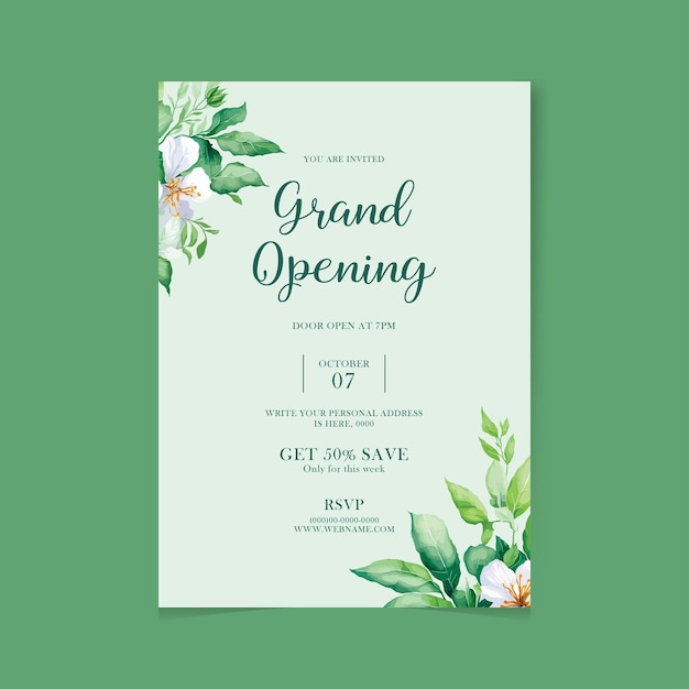 Grand opening business template decorated with floral design with elegant flowers