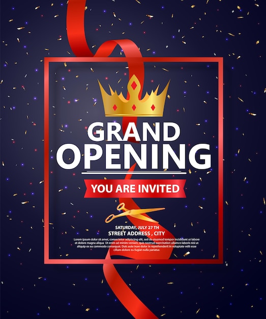 Grand opening   design with gold ribbon and confetti