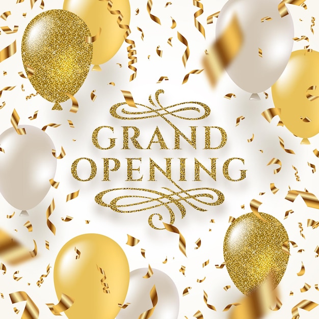 Grand opening flourishes logo and golden balloons