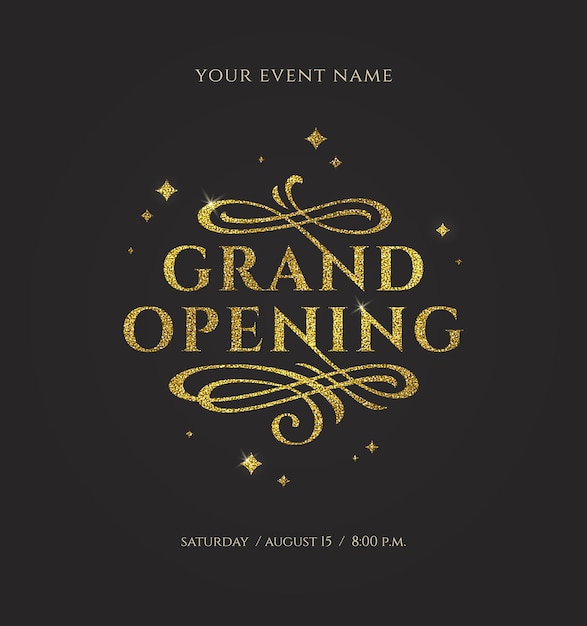 Grand opening glitter gold logo with flourishes ornamental elements