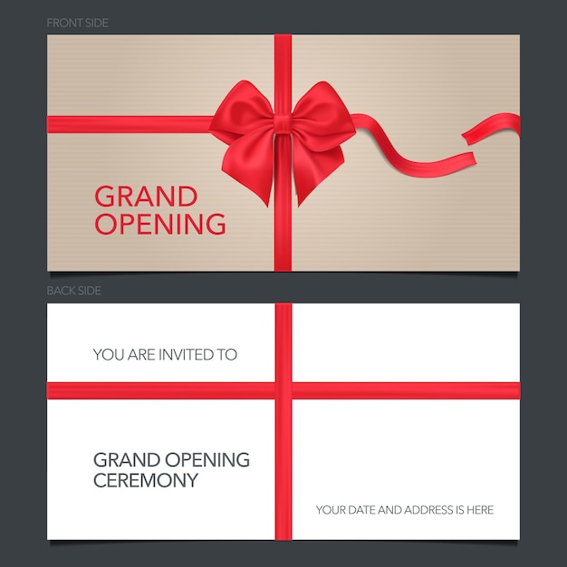 Grand opening,  invitation card. Template invite with red bow to ribbon cutting ceremony with body copy