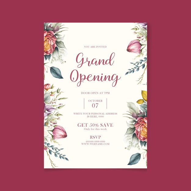 Grand opening invitation card with green flowers