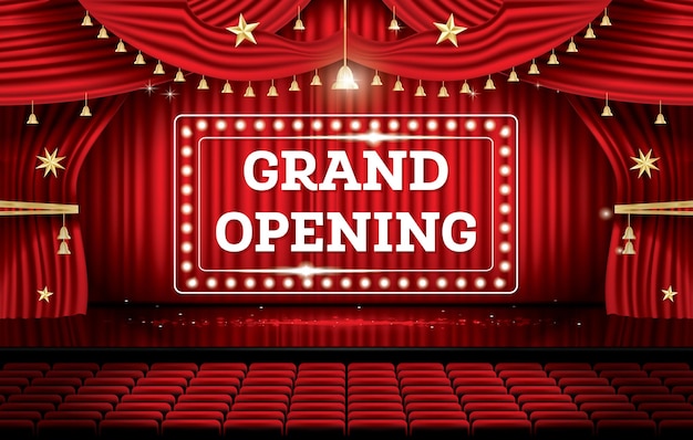 Grand Opening. Open Red Curtains with Neon Lights. Vector Illustration. Theater, Opera or Cinema Scene.