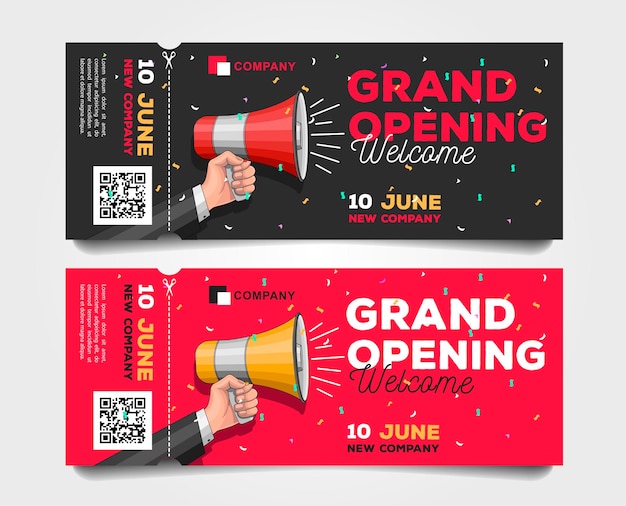 Grand Opening tearoff flyer templates with megaphone illustration and discounts with bold typography