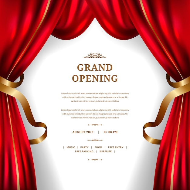 Grand opening with red curtain and golden ornament decoration poster announcement party stage theatre with white background