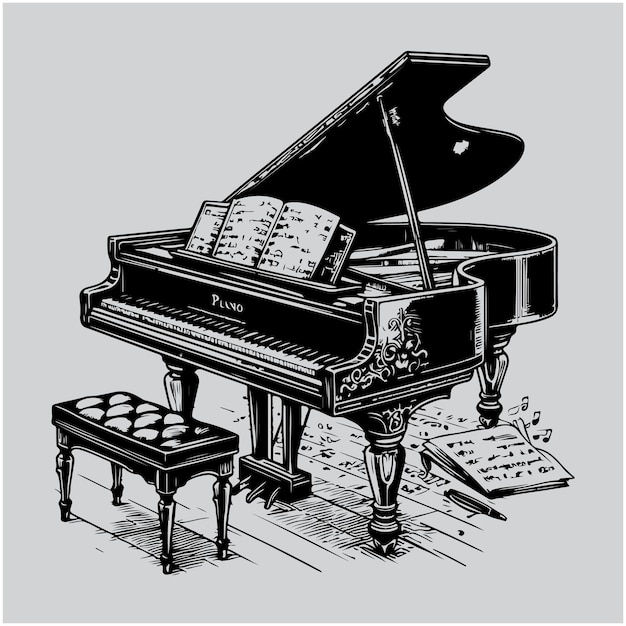 Grand piano in monochrome engraved vintage style Hand drawn sketch Musical jazz classical keyboard