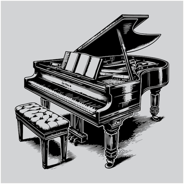 Grand piano in monochrome engraved vintage style Hand drawn sketch Musical jazz classical keyboard